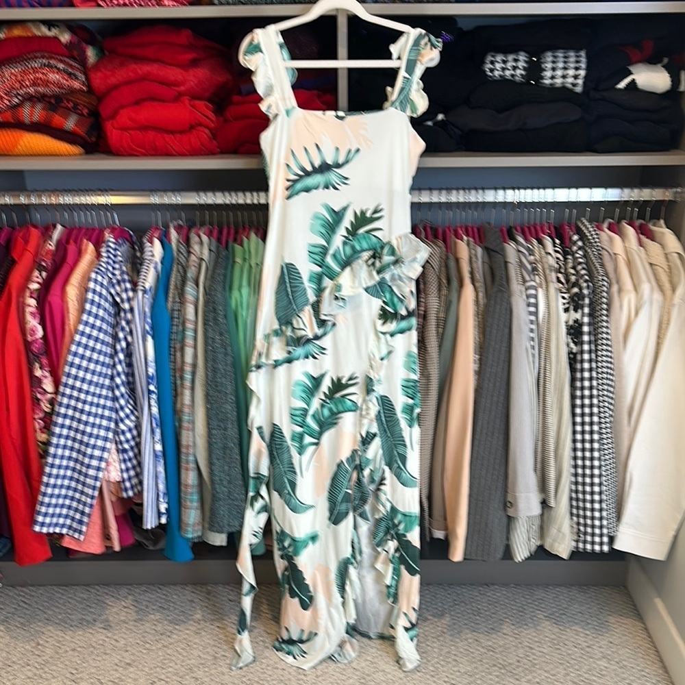 Unbranded white/green leaf print sleeveless scoop back front slit maxi dress S